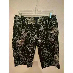 Cache Women's Bermuda Shorts Size 8 Black White Lotus Embroidered Coquette Artsy